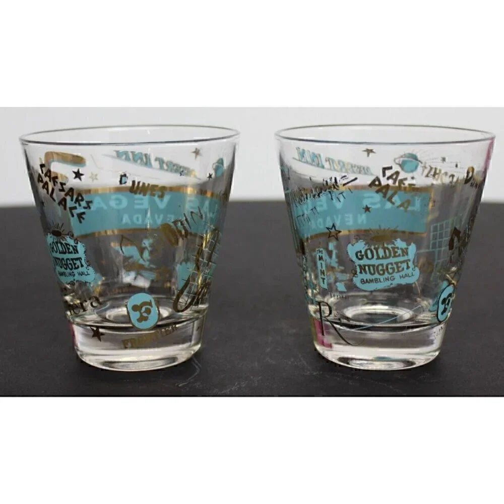 2 Vtg MCM Gold / Blue Las Vegas Golden Nugget Dessert Inn Whiskey Glass Cup Pair